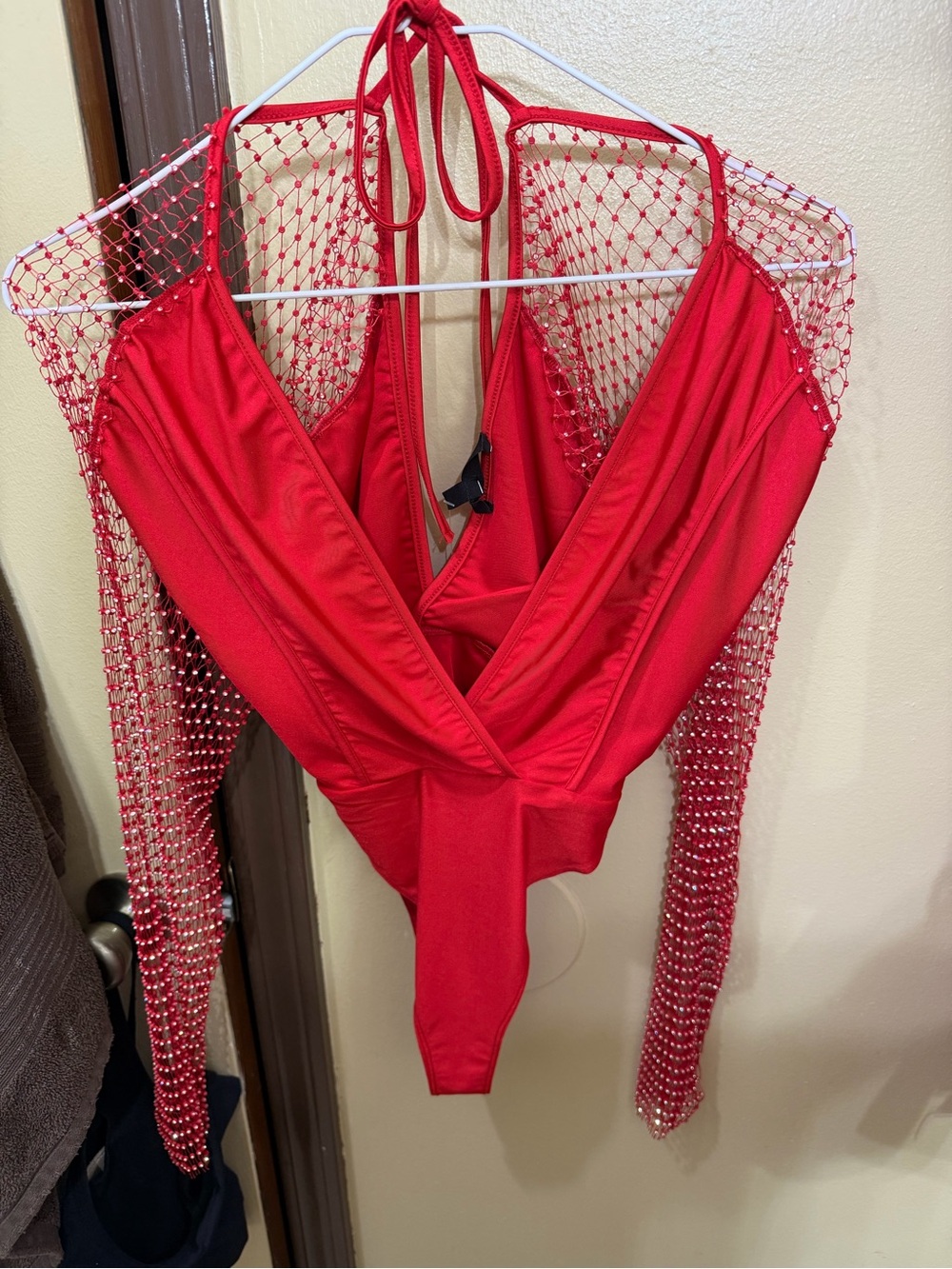 Red Rhinestone Mesh-Sleeve Halter Bodysuit